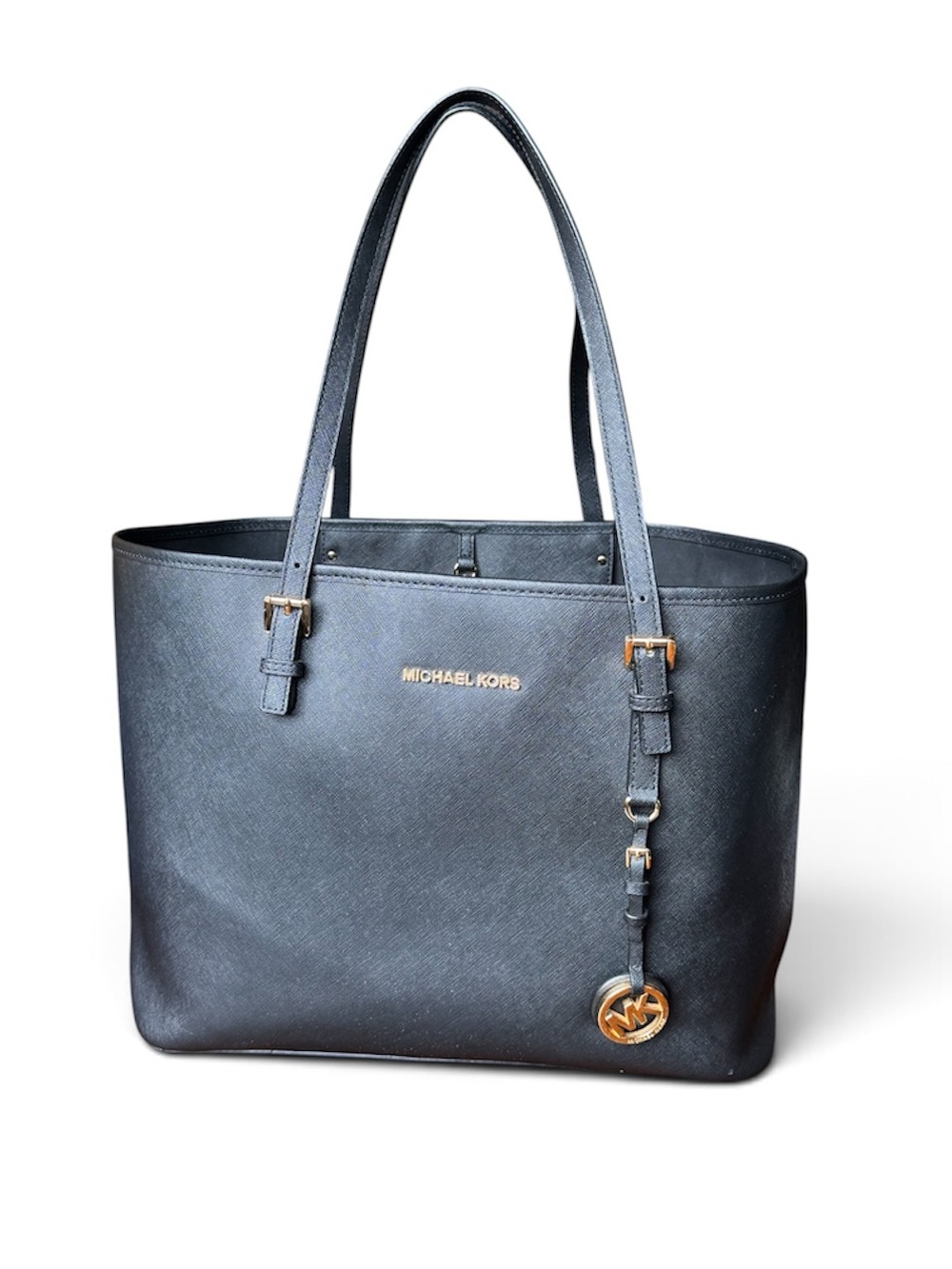 Michael Kors Black Jet Set Saffiano Leather Tote with Gold Accent
